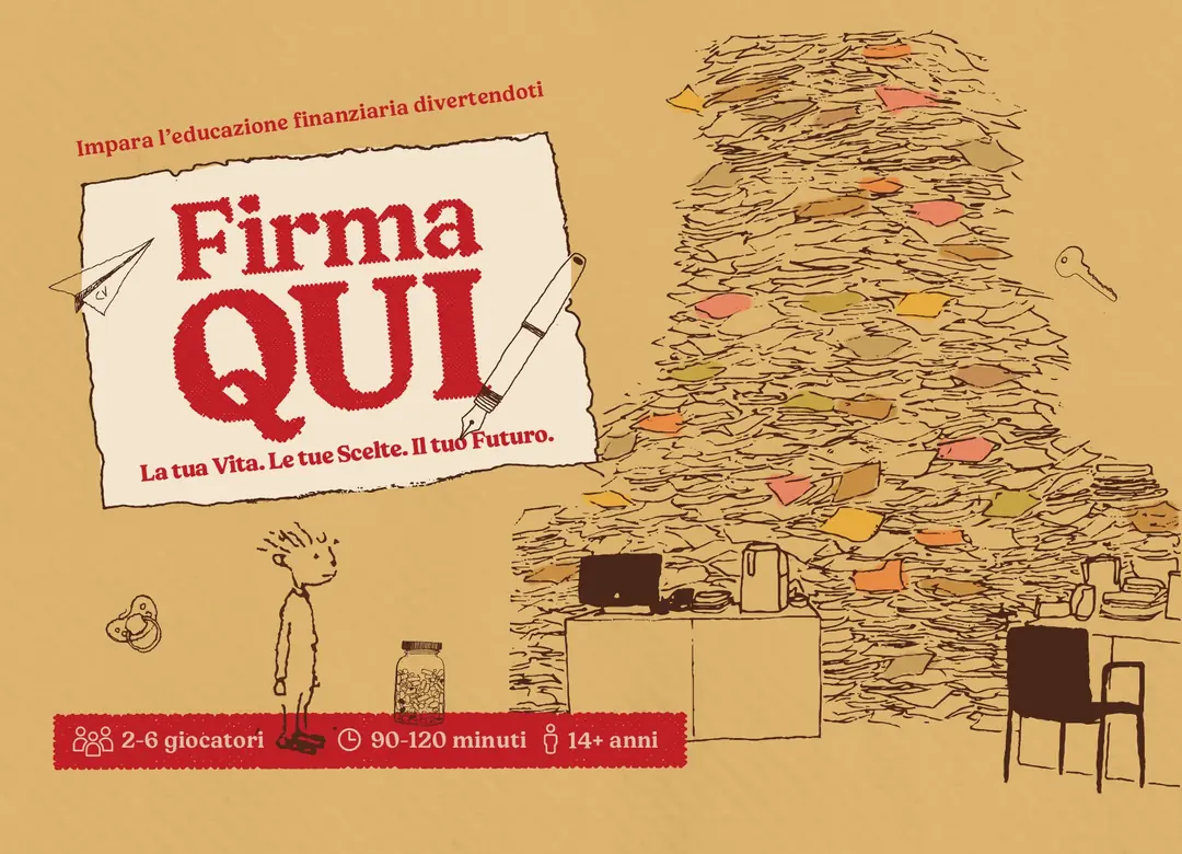 Original FIRMA QUI box art, with a red logo and hand-drawn mountain of paperwork
