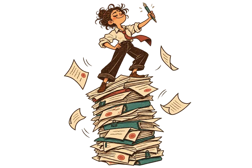 Smiling person holding a pen atop a wobbly pile of paperwork